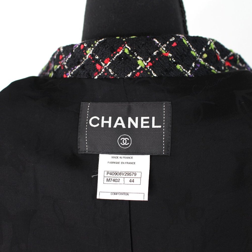 Chanel Black Multicolor Plaid Tweed Ostrich Feather Trim Cuffs Blazer Jacket 44 - Picture 8 of 10